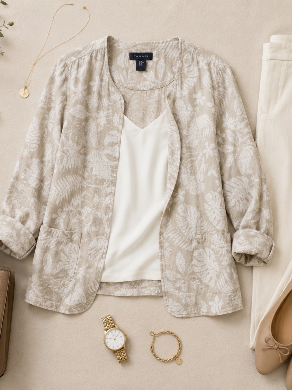 TAHARI Cotton Linen Botanical Print Open Front Jacket | Women's Lightweight - Picture 2 of 5
